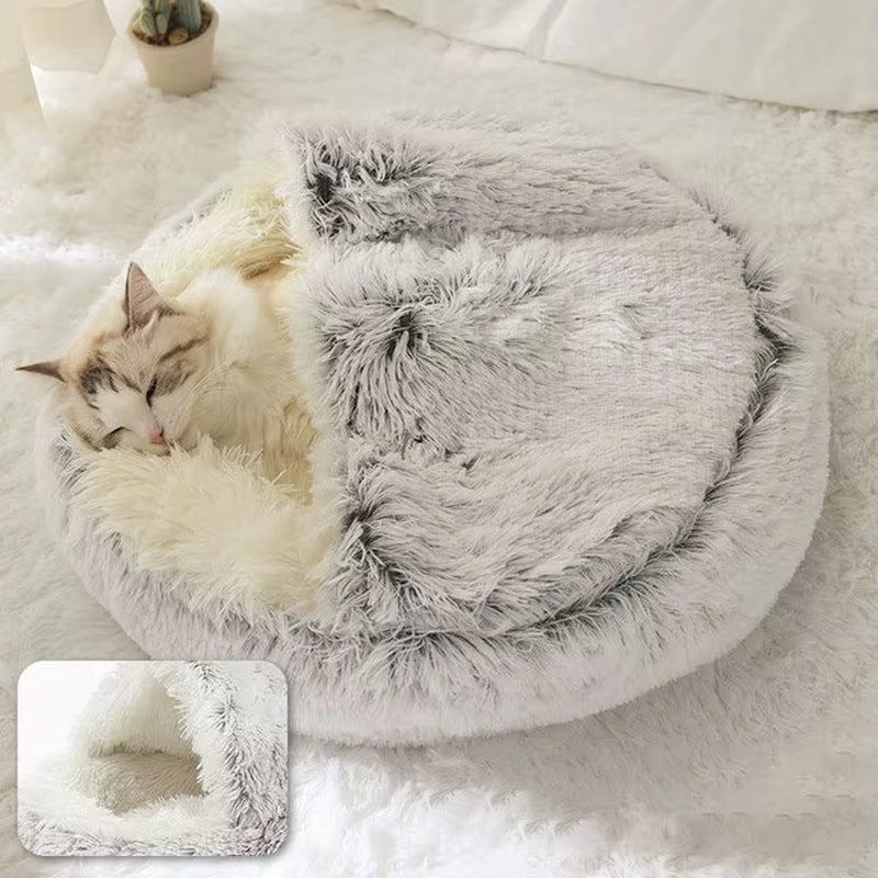 Premium 2-in-1 Winter Cat Bed and Dog Bed - Round Plush Warm Sleeping Bag Sofa Cushion Nest for Small Pets