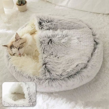 Premium 2-in-1 Winter Cat Bed and Dog Bed - Round Plush Warm Sleeping Bag Sofa Cushion Nest for Small Pets