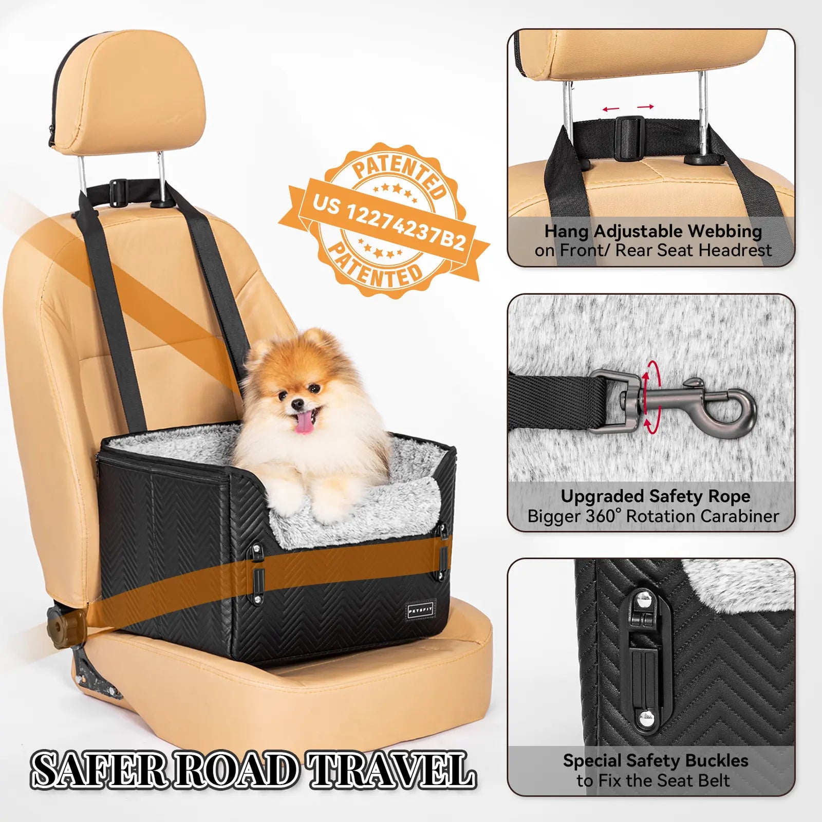 PETSFIT Waterproof PU Leather Small Dog Car Seat with Patent Safe Buckles and Clip-On Leash, Suitable for Pets Up to 25 lbs