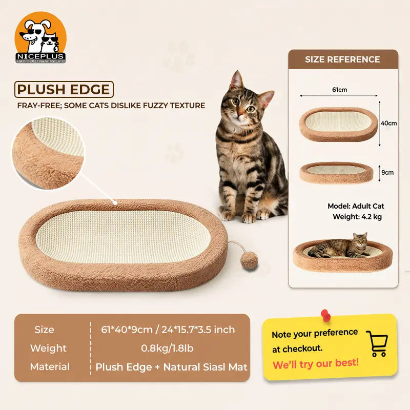 NICEPLUS Multi-Purpose Sisal Cat Scratcher Lounge Bed - 24x15x3.5 Inch Anti-Slip Indoor Furniture for Dogs and Cats