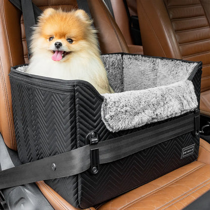 PETSFIT Waterproof PU Leather Small Dog Car Seat with Patent Safe Buckles and Clip-On Leash, Suitable for Pets Up to 25 lbs