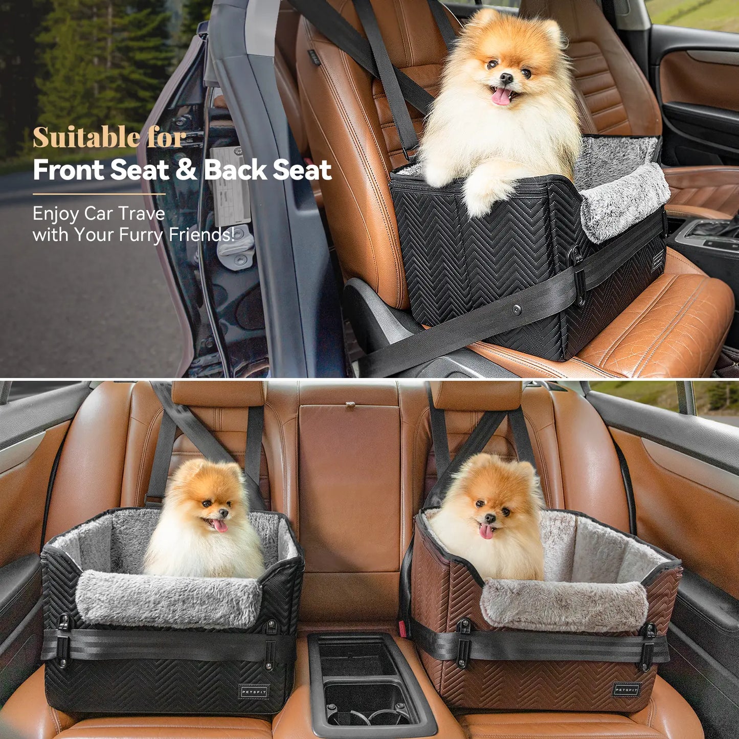 PETSFIT Waterproof PU Leather Small Dog Car Seat with Patent Safe Buckles and Clip-On Leash, Suitable for Pets Up to 25 lbs