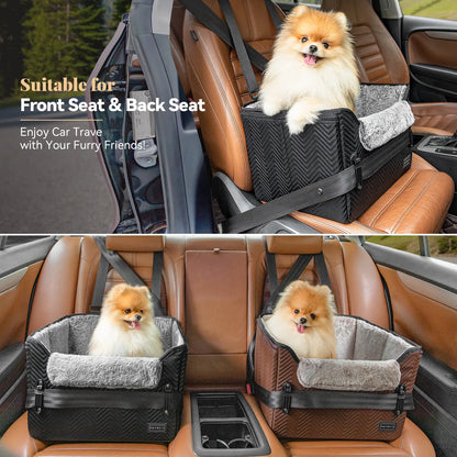 PETSFIT Waterproof PU Leather Small Dog Car Seat with Patent Safe Buckles and Clip-On Leash, Suitable for Pets Up to 25 lbs