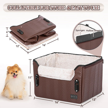 PETSFIT Waterproof PU Leather Small Dog Car Seat with Patent Safe Buckles and Clip-On Leash, Suitable for Pets Up to 25 lbs