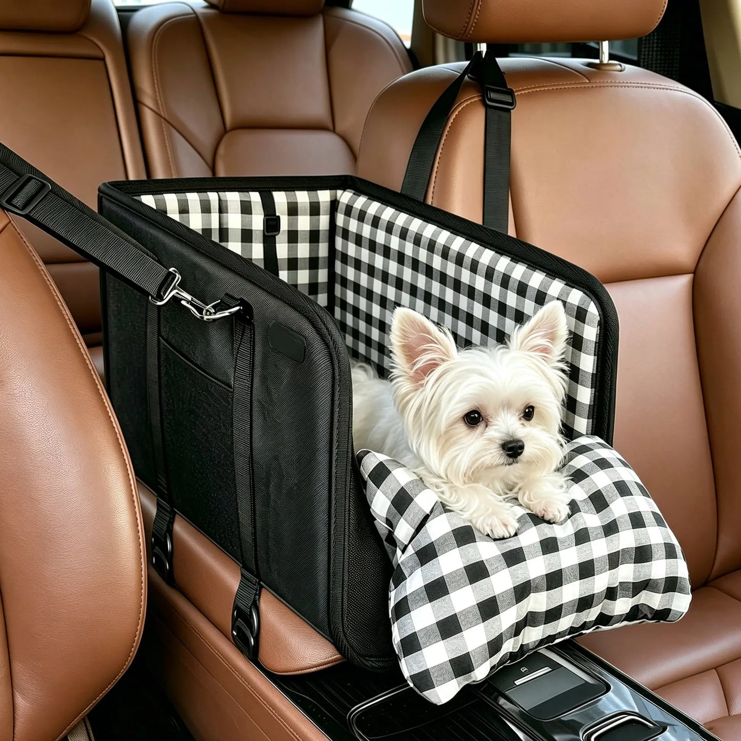 Premium Center Console Dog Car Seat - Anxiety-Relief Booster Seat for Small Pets, Ultra-Safe Armrest Bed for Travel, Comfortable and Secure Car Seat for Small Dogs and Cats