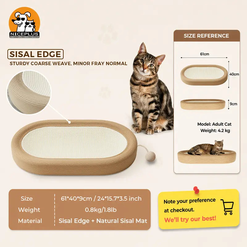 NICEPLUS Multi-Purpose Sisal Cat Scratcher Lounge Bed - 24x15x3.5 Inch Anti-Slip Indoor Furniture for Dogs and Cats