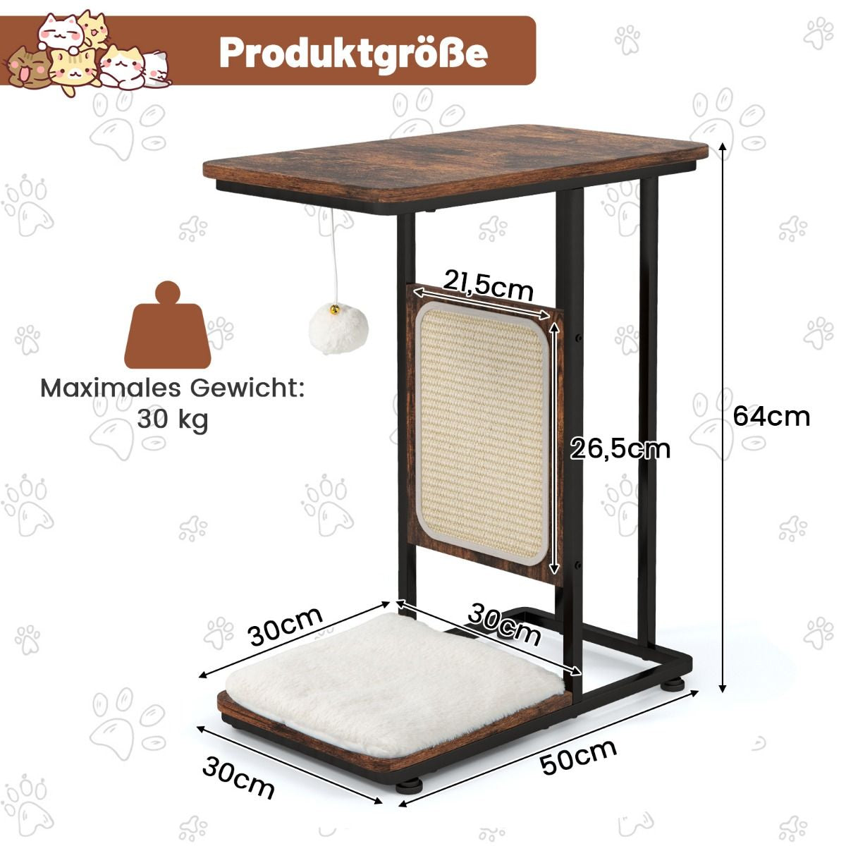 Multifunktionaler 4-in-1 Katzenmöbel Beistelltisch mit Sisal-Kratzbrett, abnehmbarem Kissen und Spielball, 50 x 30 x 64 cm, rustikales Braun