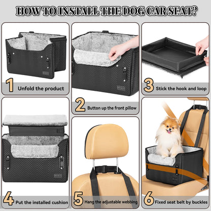 PETSFIT Waterproof PU Leather Small Dog Car Seat with Patent Safe Buckles and Clip-On Leash, Suitable for Pets Up to 25 lbs