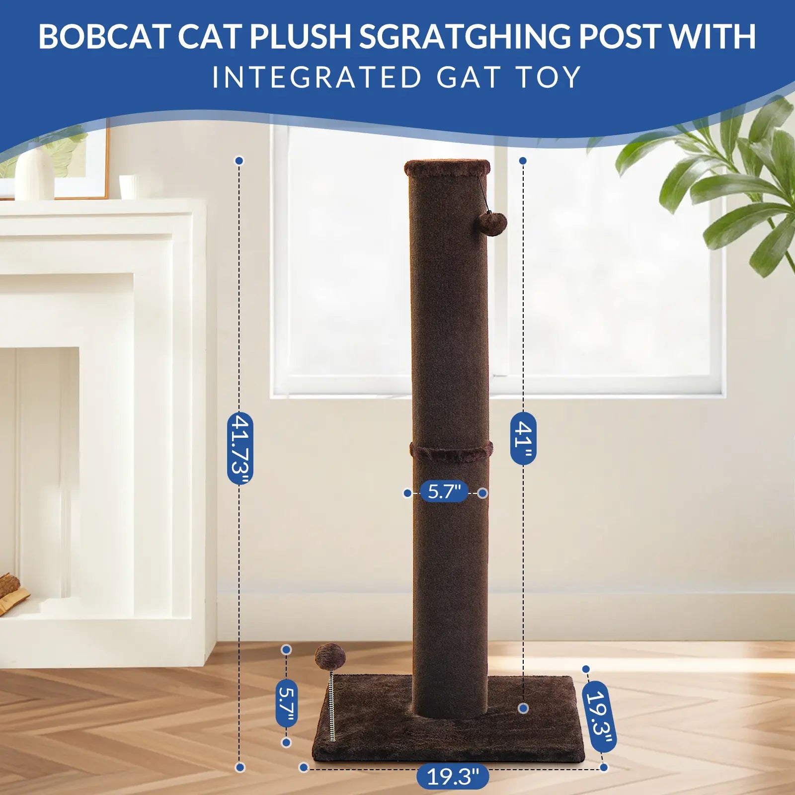 Made4Pets Freestanding Sisal Scratching Post for Indoor Cats - 41.73" Height, Sturdy Base, Replaceable Spring Toy, Space-Saving Design, Promotes Healthy Nail Maintenance