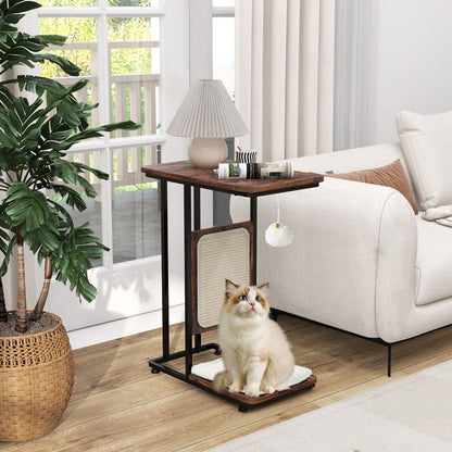 Multifunktionaler 4-in-1 Katzenmöbel Beistelltisch mit Sisal-Kratzbrett, abnehmbarem Kissen und Spielball, 50 x 30 x 64 cm, rustikales Braun