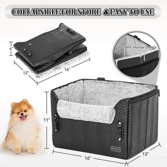 PETSFIT Waterproof PU Leather Small Dog Car Seat with Patent Safe Buckles and Clip-On Leash, Suitable for Pets Up to 25 lbs
