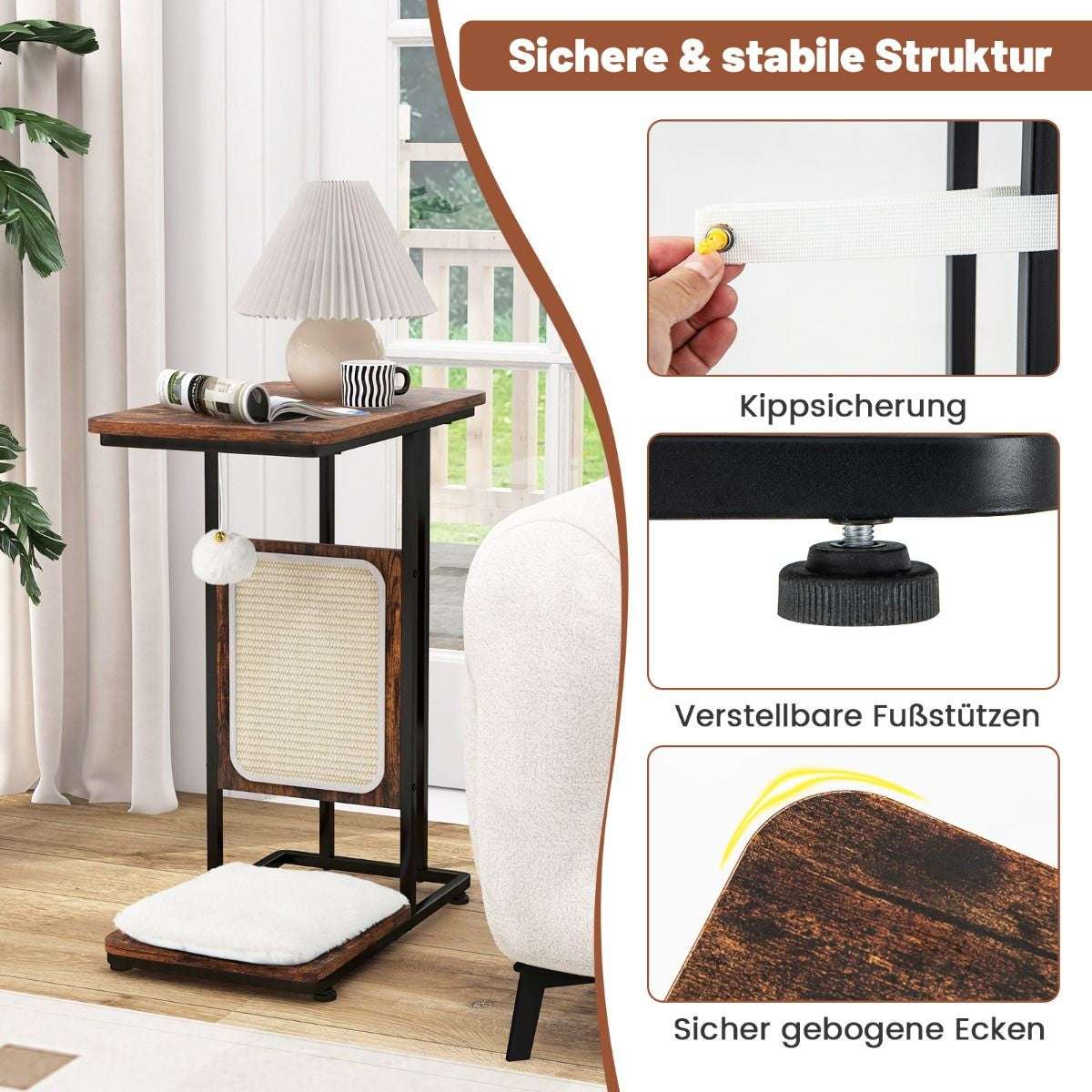Multifunktionaler 4-in-1 Katzenmöbel Beistelltisch mit Sisal-Kratzbrett, abnehmbarem Kissen und Spielball, 50 x 30 x 64 cm, rustikales Braun