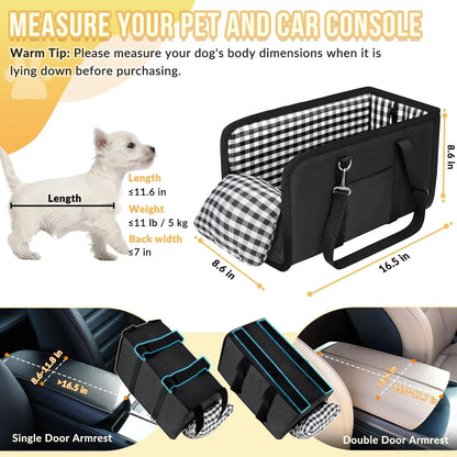 Premium Center Console Dog Car Seat - Anxiety-Relief Booster Seat for Small Pets, Ultra-Safe Armrest Bed for Travel, Comfortable and Secure Car Seat for Small Dogs and Cats