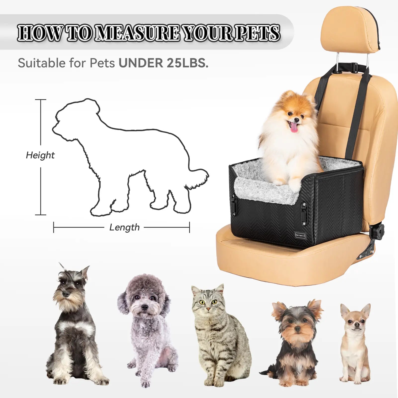 PETSFIT Waterproof PU Leather Small Dog Car Seat with Patent Safe Buckles and Clip-On Leash, Suitable for Pets Up to 25 lbs