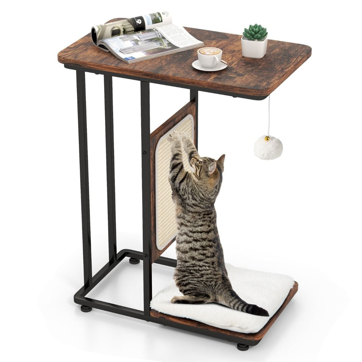 Multifunktionaler 4-in-1 Katzenmöbel Beistelltisch mit Sisal-Kratzbrett, abnehmbarem Kissen und Spielball, 50 x 30 x 64 cm, rustikales Braun