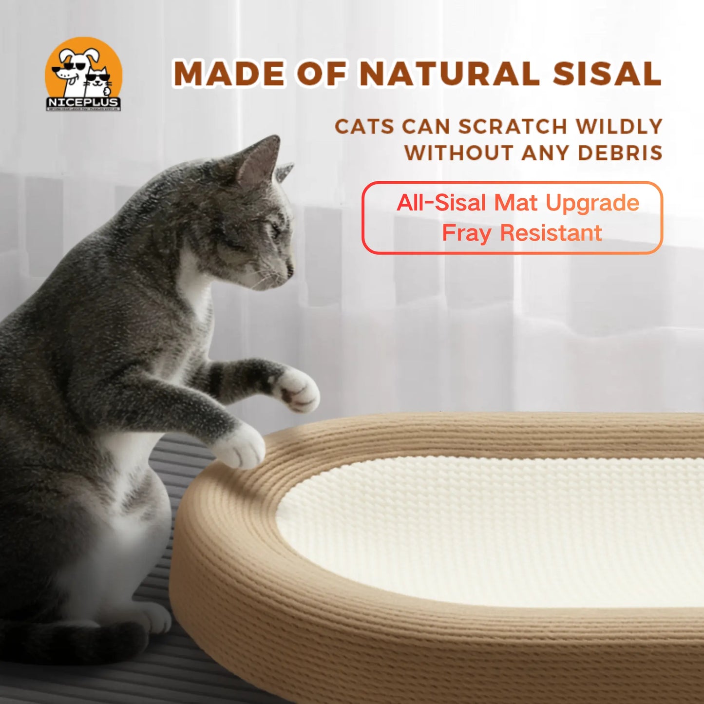 NICEPLUS Multi-Purpose Sisal Cat Scratcher Lounge Bed - 24x15x3.5 Inch Anti-Slip Indoor Furniture for Dogs and Cats