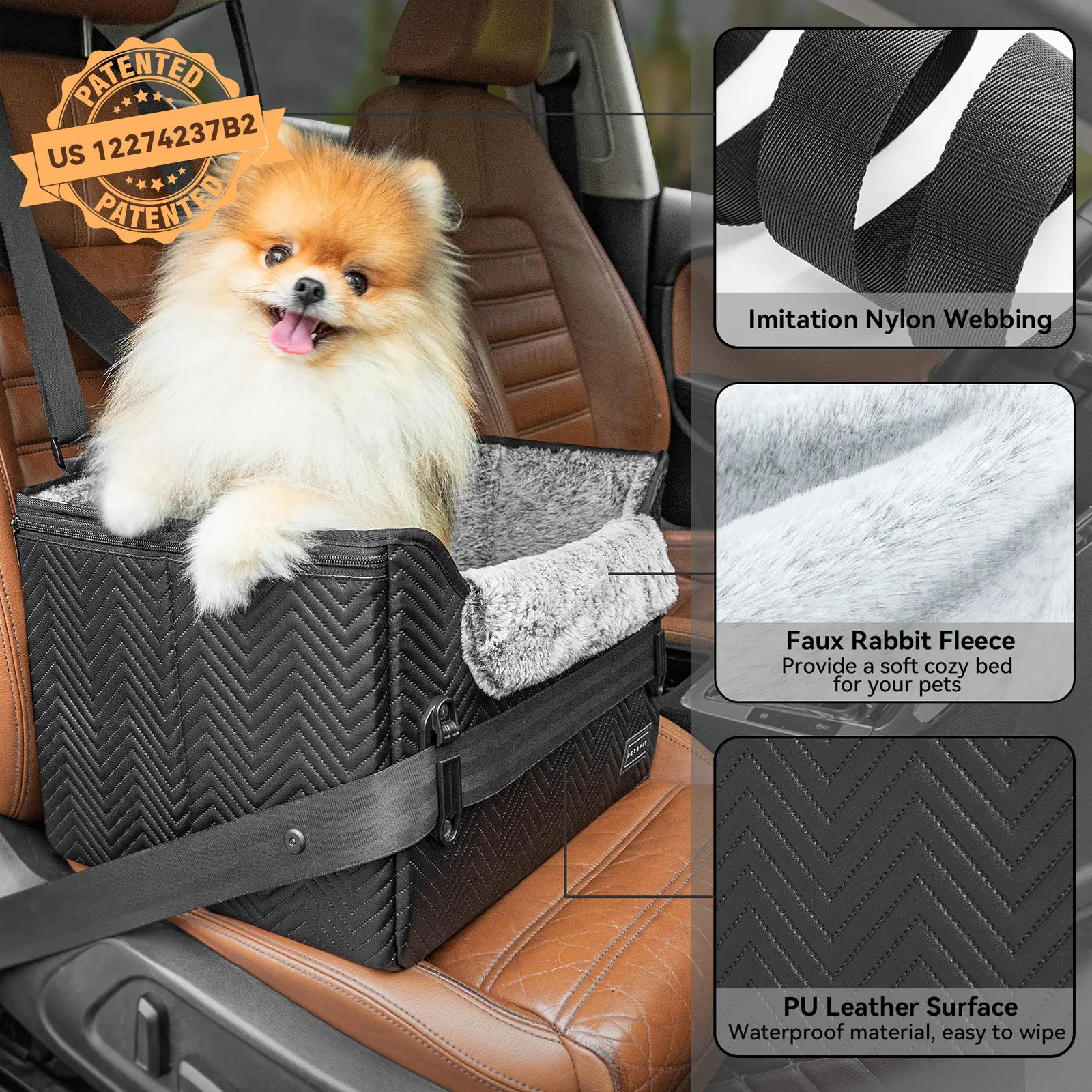 PETSFIT Waterproof PU Leather Small Dog Car Seat with Patent Safe Buckles and Clip-On Leash, Suitable for Pets Up to 25 lbs