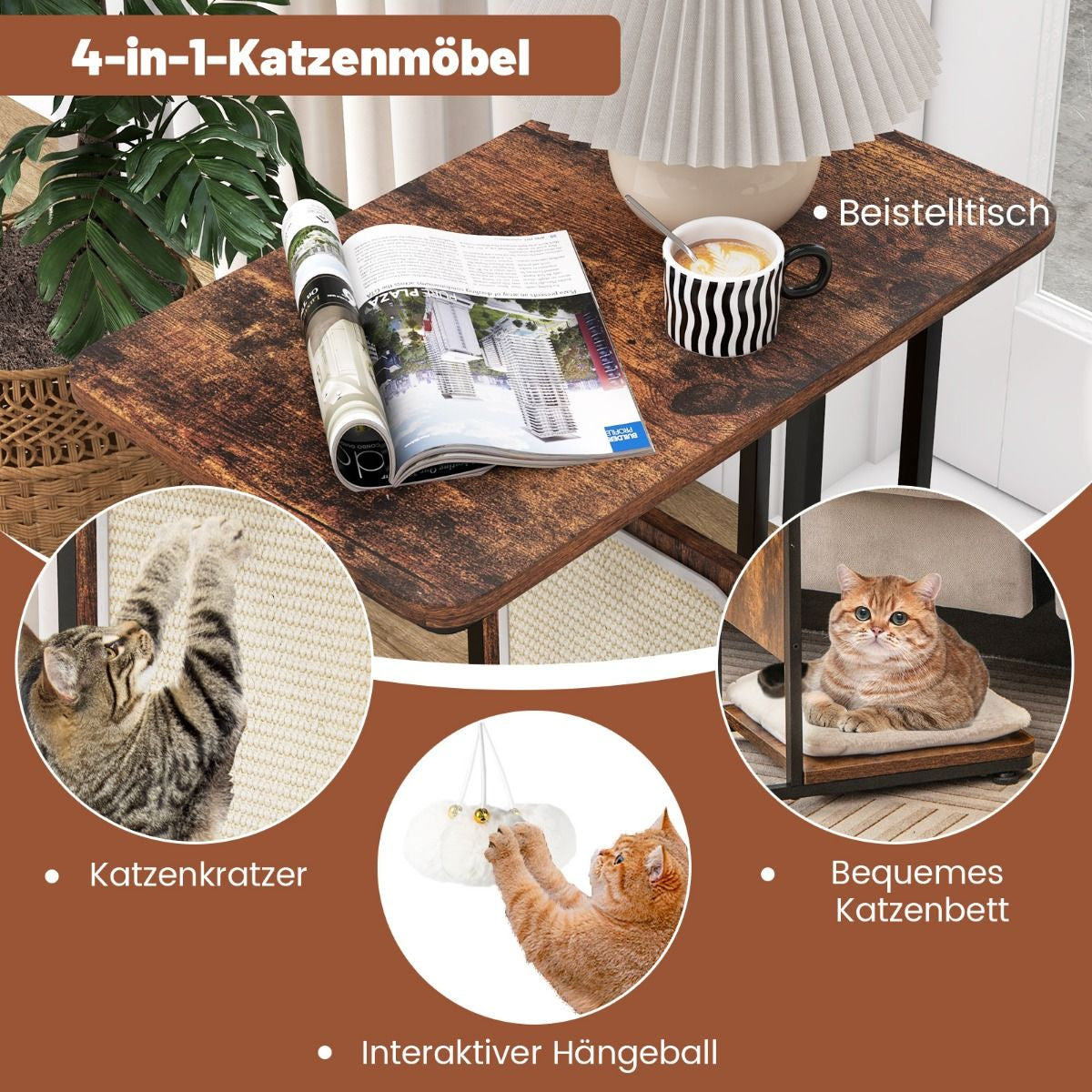 Multifunktionaler 4-in-1 Katzenmöbel Beistelltisch mit Sisal-Kratzbrett, abnehmbarem Kissen und Spielball, 50 x 30 x 64 cm, rustikales Braun