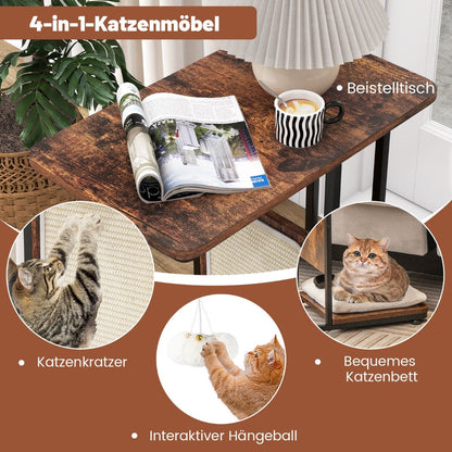 Multifunktionaler 4-in-1 Katzenmöbel Beistelltisch mit Sisal-Kratzbrett, abnehmbarem Kissen und Spielball, 50 x 30 x 64 cm, rustikales Braun