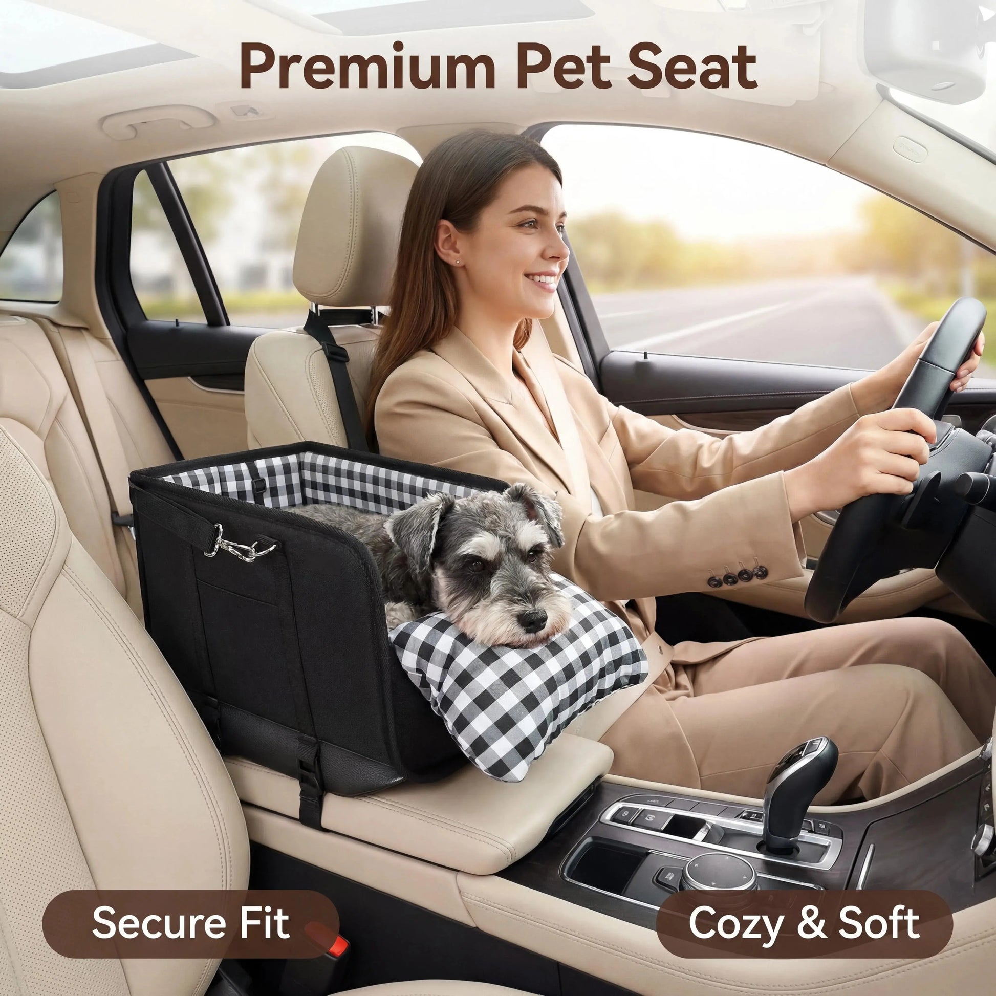 Premium Center Console Dog Car Seat - Anxiety-Relief Booster Seat for Small Pets, Ultra-Safe Armrest Bed for Travel, Comfortable and Secure Car Seat for Small Dogs and Cats