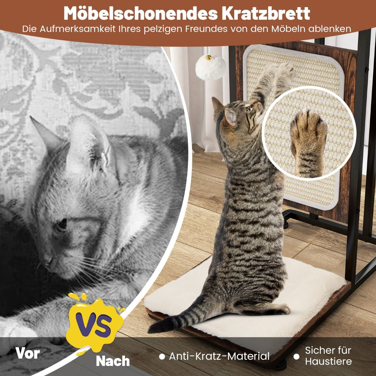 Multifunktionaler 4-in-1 Katzenmöbel Beistelltisch mit Sisal-Kratzbrett, abnehmbarem Kissen und Spielball, 50 x 30 x 64 cm, rustikales Braun